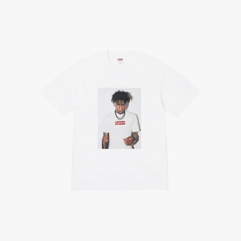 Supreme Flame-Graphic White Tee in a Long, Relaxed Cut