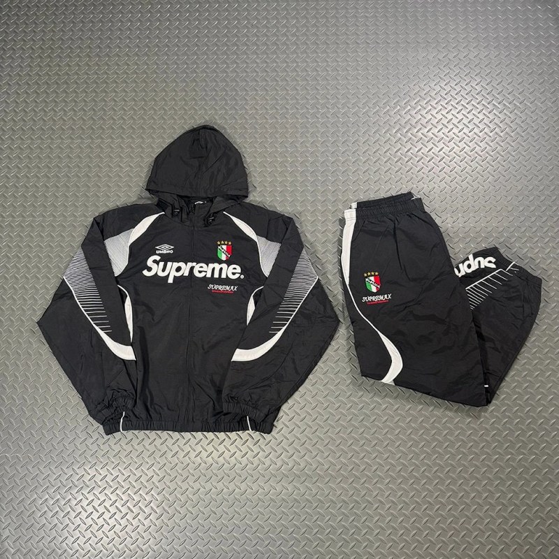 Supreme Panelled Navy Jacket: Hooded Polyester Shell in S–XL, With Matching Pants and Set Options