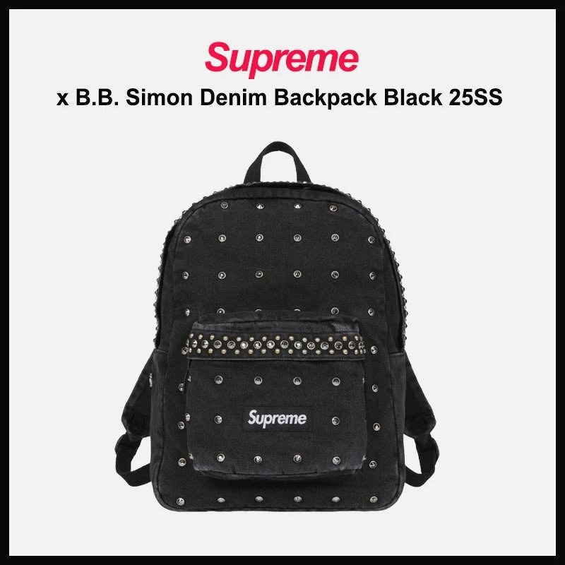 Supreme x B.B. Simon Black Studded Backpack: 25 L Denim with Rhinestones and Metal Studs