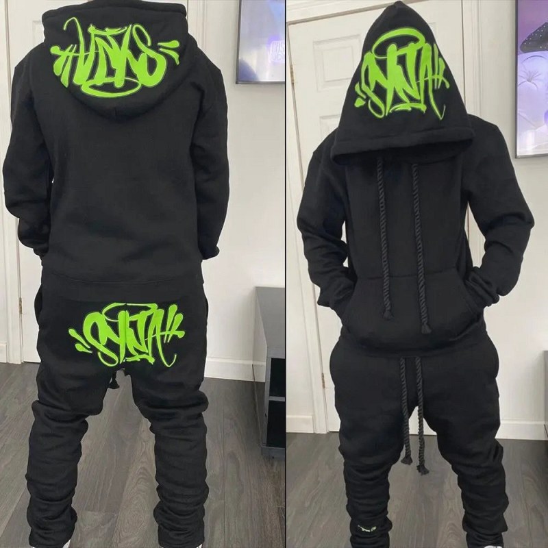 Syna World Black Hoodie Set: Printed Relaxed Streetwear in Fleece-Backed Polyester