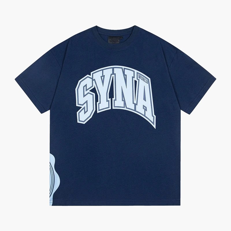 Syna World navy crew-neck tee in a loose cotton-blend build, S–XL