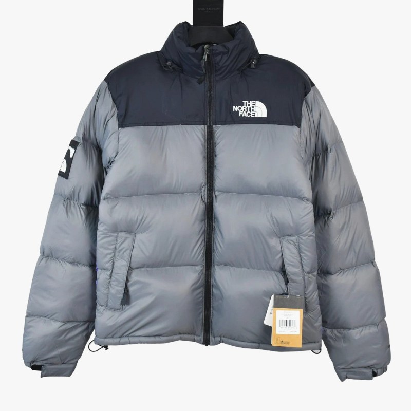 The North Face gray puffer jacket in cold-weather street style