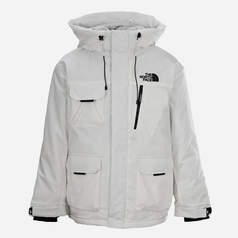 The North Face white hooded padded coat with cargo pockets, drawstring hem and embroidered logos