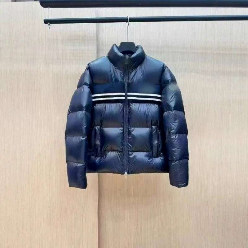 Thom Browne Navy Puffer Jacket: Loose Mid-Length, Stand Collar