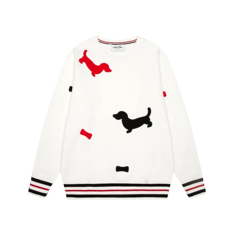 Thom Browne white knit crewneck sweater with a color-block dachshund motif