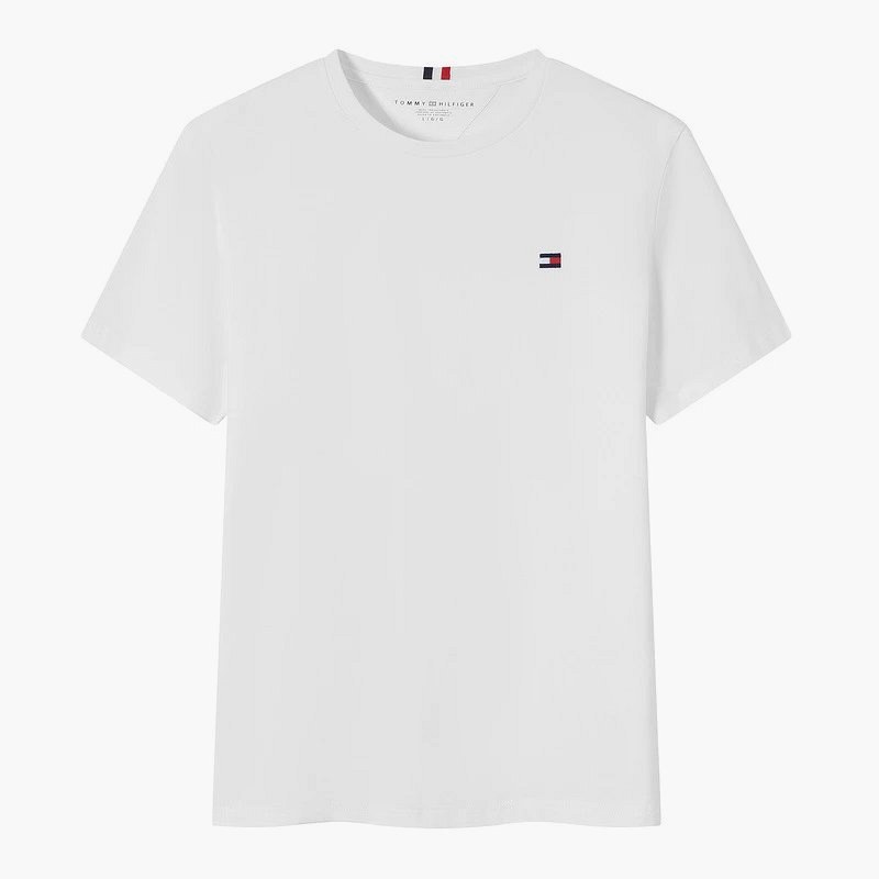 Tommy Hilfiger slim-fit cotton crew-neck tee with embroidered chest flag, 220 g white