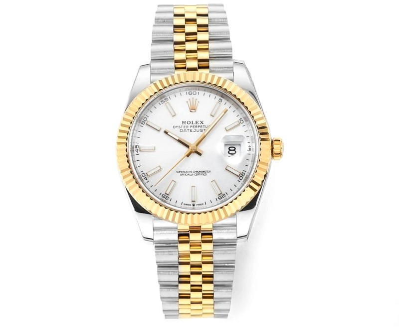 DDF Rolex Datejust 41 replica in 904 steel with a fluted platinum-plated bezel and 3235-family movement