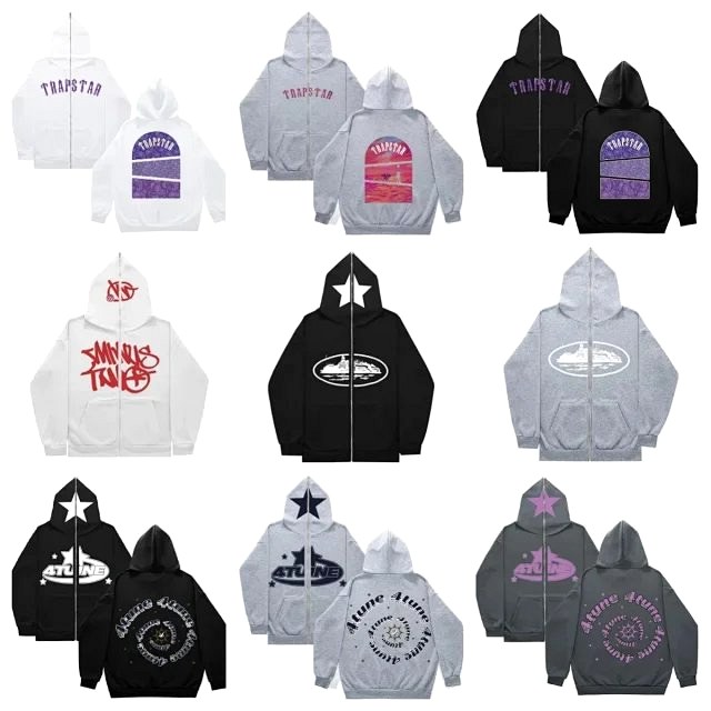 Trapstar Multicolor Zip-Up Hoodie: Loose-Cut Polyester Fleece in Black, Purple and White