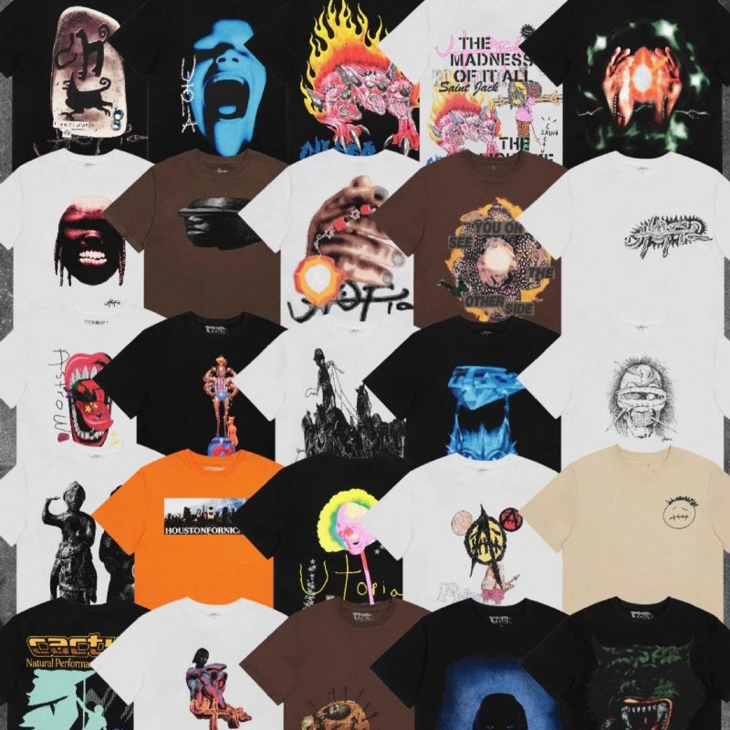Travis Scott multicolor T-shirt collection — loose 100% cotton crew-neck graphic tee, roughly fifty colourways