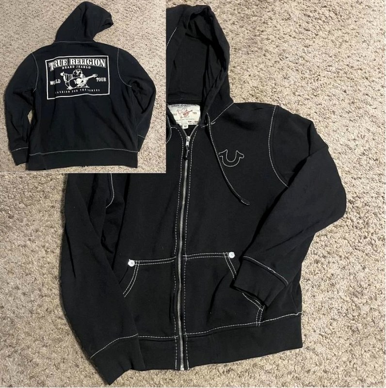 True Religion Black Relaxed Fleece Hoodie With Embroidery and Print Detailing