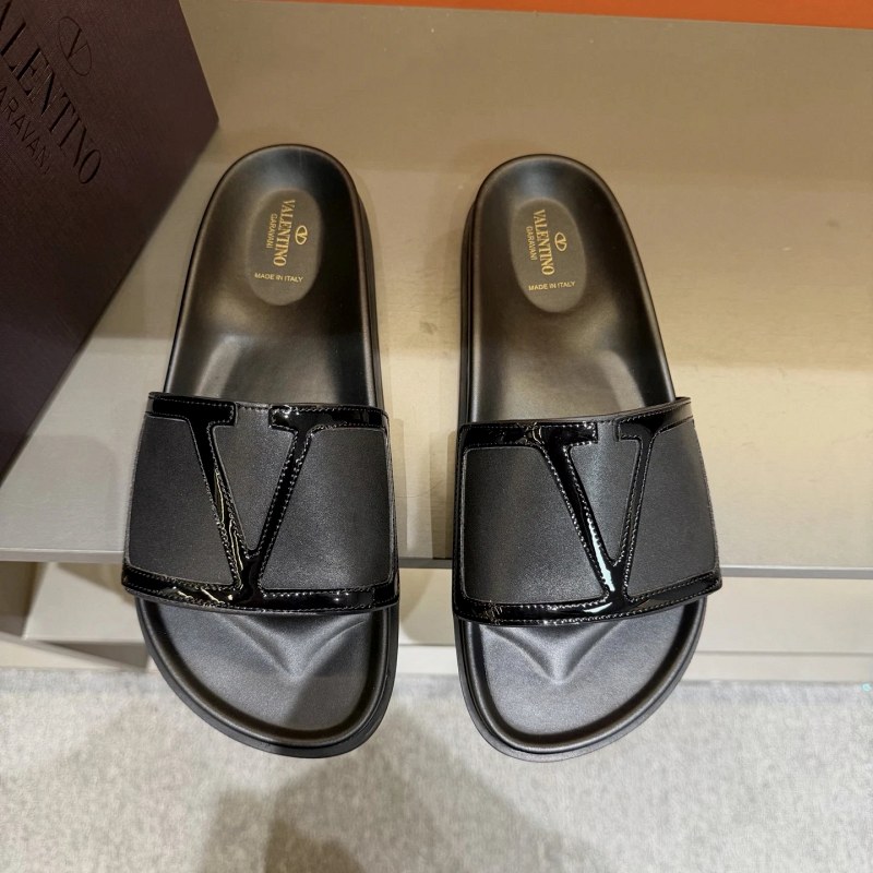 Valentino Black Flat Slide with Metal Logo, Leather Upper, and Rubber Outsole