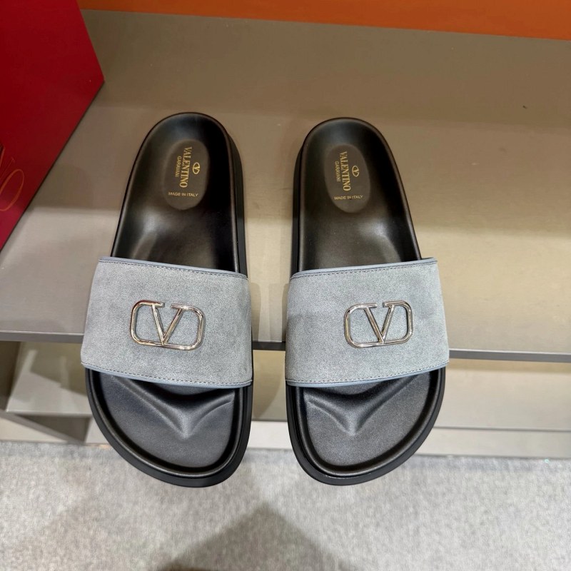 Valentino Gray Slides With Metal Logo in Stated Calfskin and Rubber Sole