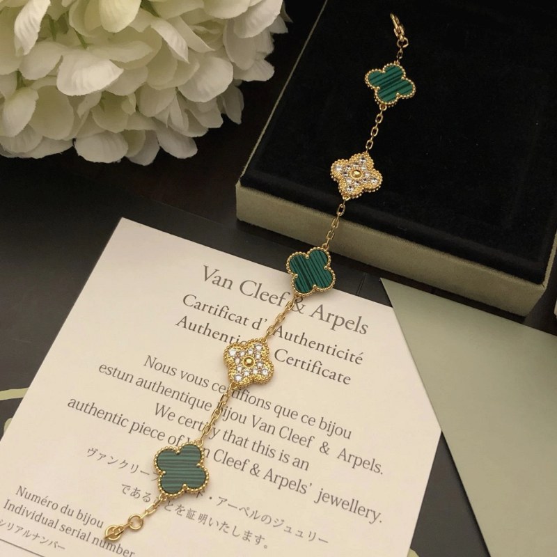 Van Cleef & Arpels Alhambra-Style Five-Motif Bracelet in Green Stone with an Electroplated 18k Gold Finish