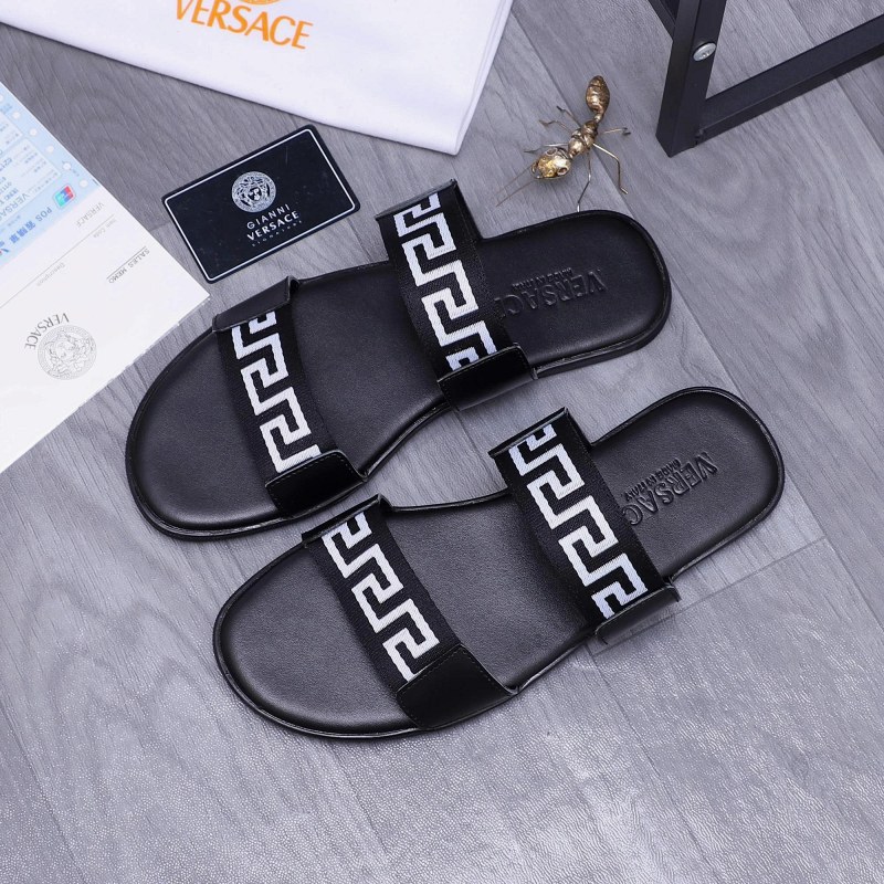 Versace Black Slides with a Webbing-and-Leather Upper on a Rubber Sole