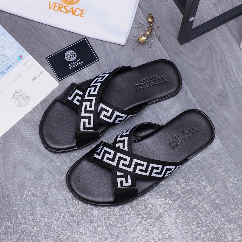 Versace Black Slides with Woven Webbing and Leather Upper on a Rubber Outsole