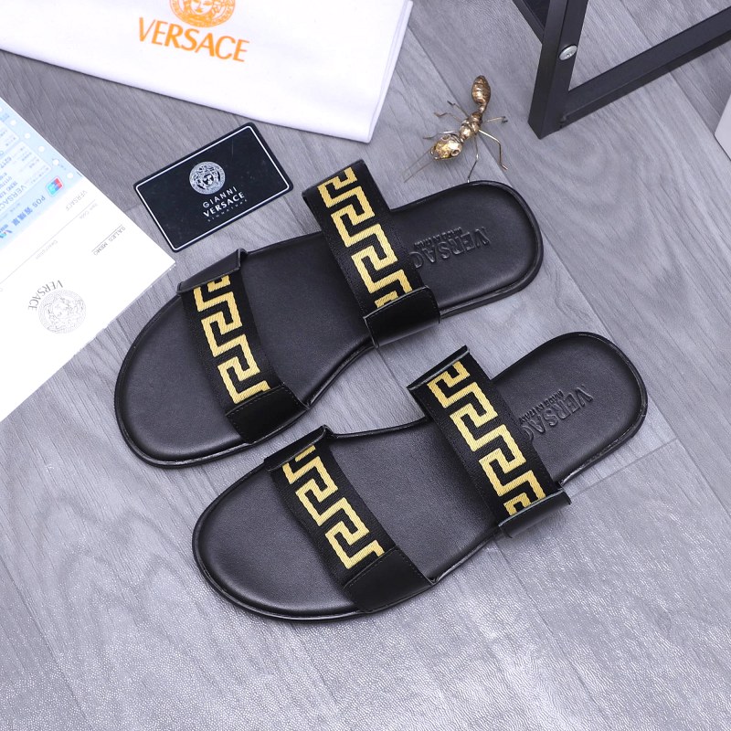 Versace Black Slides with a Webbing-and-Leather Upper on a Rubber Outsole