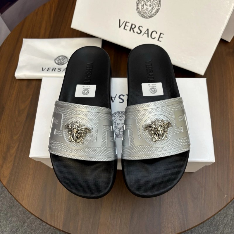 Versace gray slides in a casual cut, listed with a TPU outsole and upper