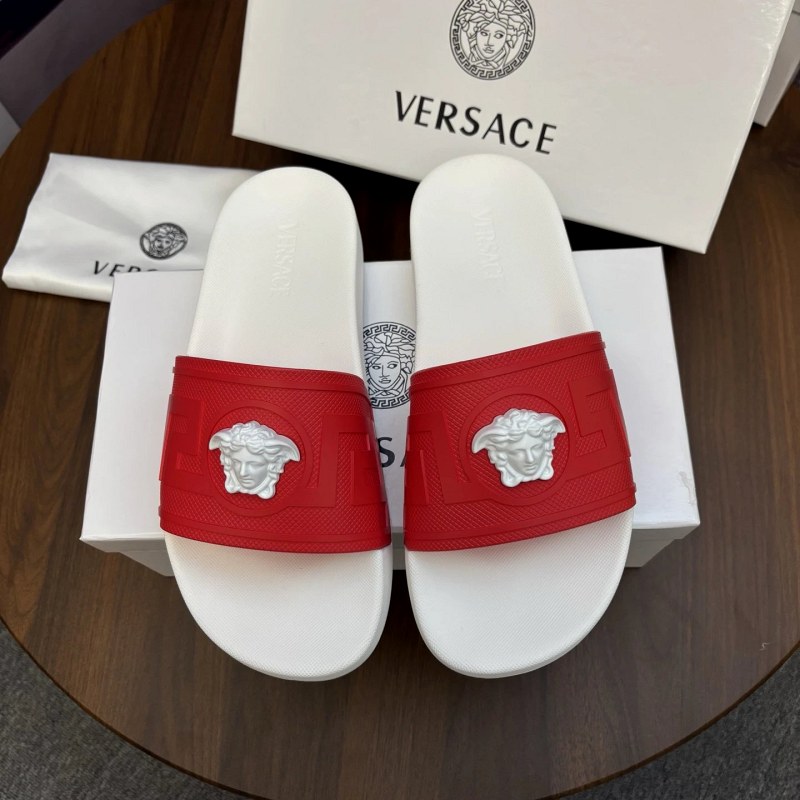 Versace Red Slides in a Casual Slip-On Shape, Listed With TPU Upper and Outsole