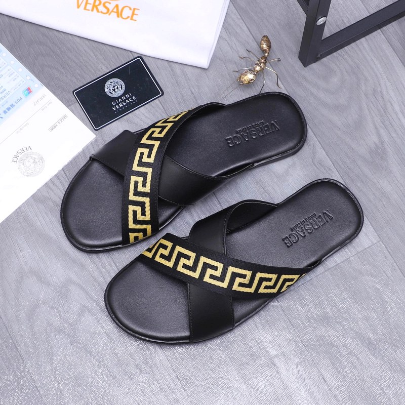 Versace Black Slides With a Woven Webbing and Leather Upper on a Rubber Outsole