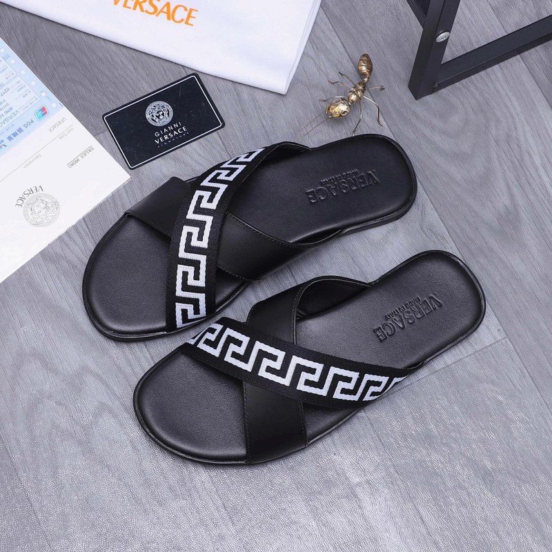 Versace Black Slides in a Casual Slip-On Style with Webbing and Leather Upper