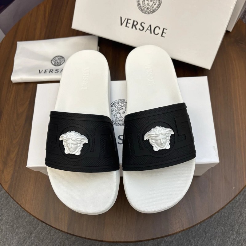 Versace white slides in a casual TPU build, listed in a broad size run