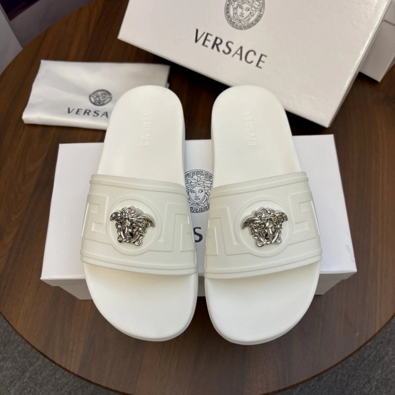 Versace white slides with a TPU upper and outsole, listed across EU 35–45