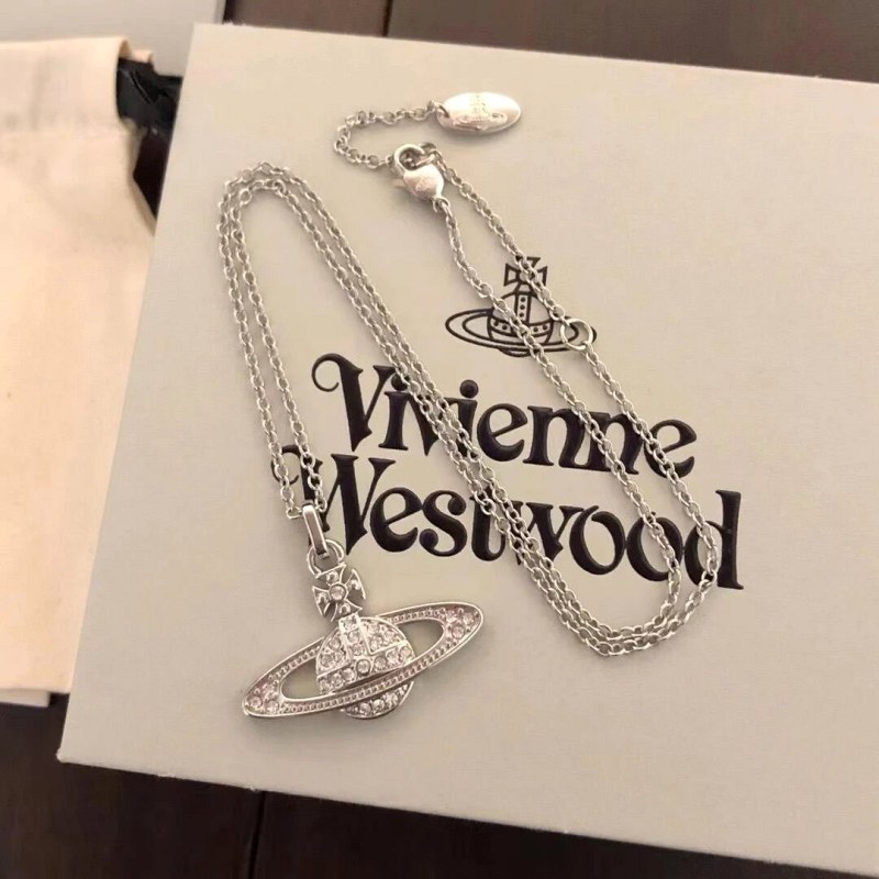 Vivienne Westwood Saturn Orb Necklace in Silver-Tone Metal with Crystal-Set Pendant