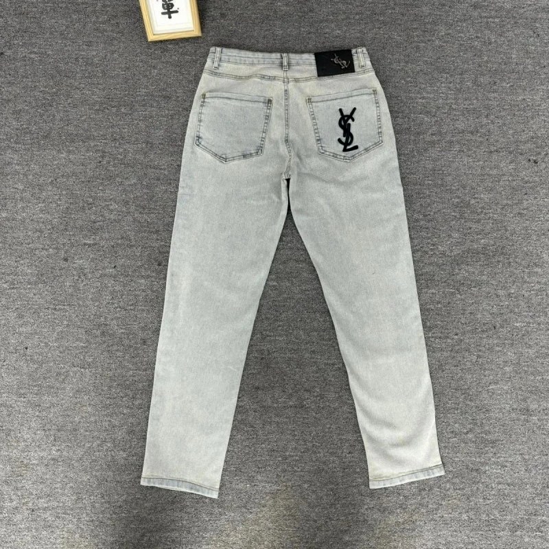 Yves Saint Laurent Gray Straight-Leg Jeans in Thin Washed Cotton Denim