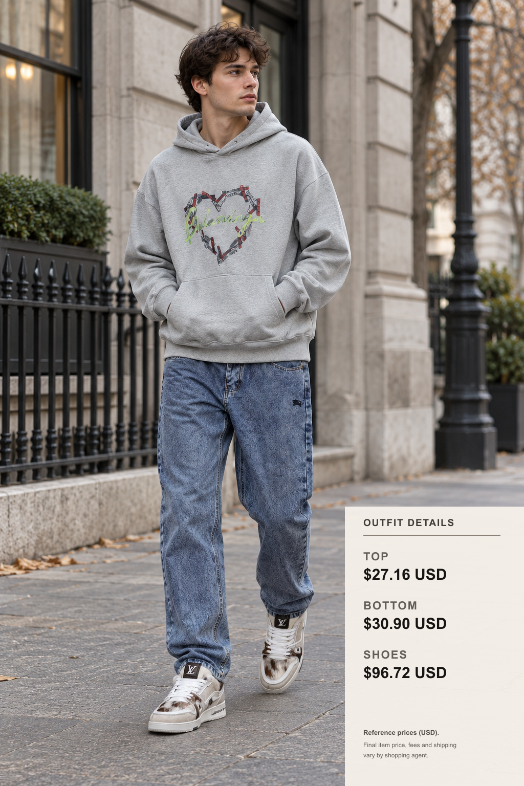 Full-body street style of a Burberry winter scarf outfit showing proportions with dark top, blue jeans, and light sneakers
