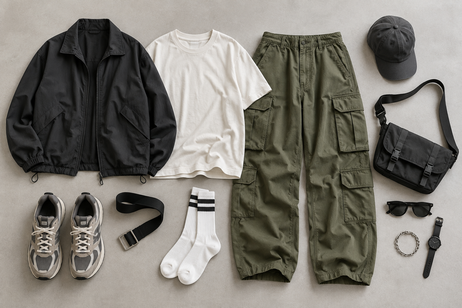 fashionreps Cargo Pants OOTD Guide outfit flat lay for fashionreps