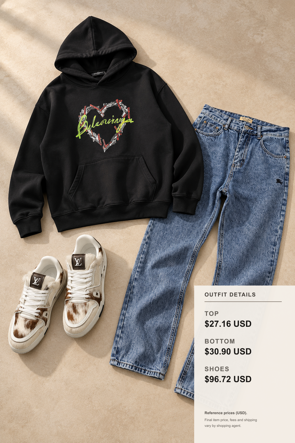 Flat lay of a Burberry winter scarf outfit combination featuring a black hoodie, blue straight-leg jeans, and white sneakers